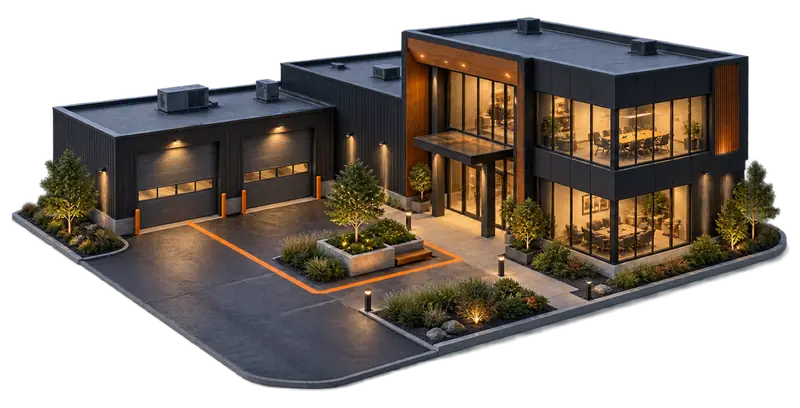 Office building with vehicle bays and a lit two-storey front.