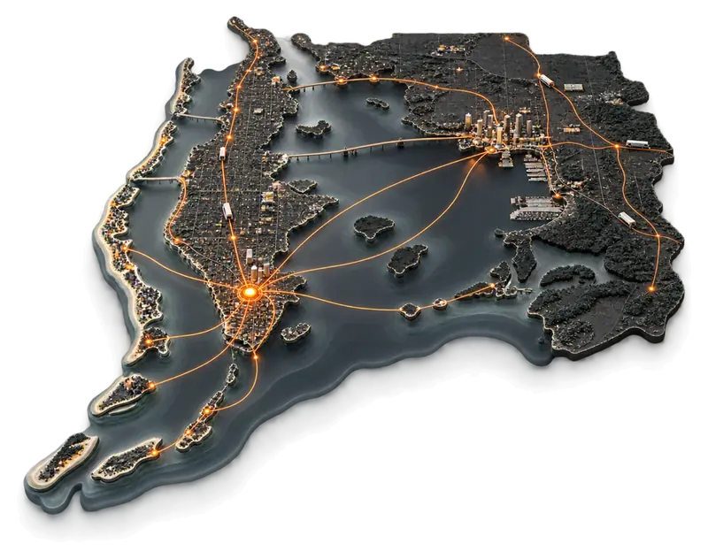 3D relief map of the Tampa Bay area with orange routes radiating from a hub in St. Petersburg.