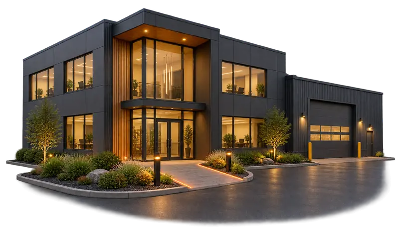 Modern two-storey office building lit at dusk, with a glowing path leading to the entrance.