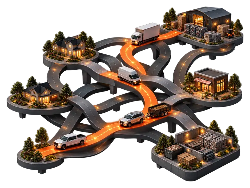 3D night scene of homes, a local storefront and material yards linked by raised roads, with a pickup, an SUV towing a trailer, a cargo van and a box truck travelling one glowing orange route.