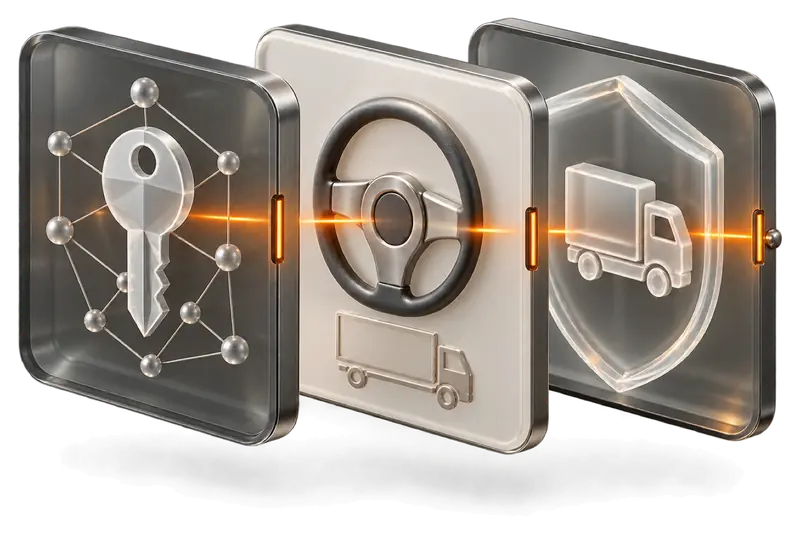 Three verification panels, an identity key, a driver's steering wheel and an insurance shield, linked by an orange scan line.