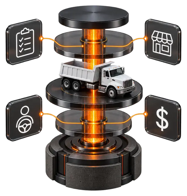 Layered platform with a dump truck at its centre, linked to panels for applications, local companies, drivers and payments.
