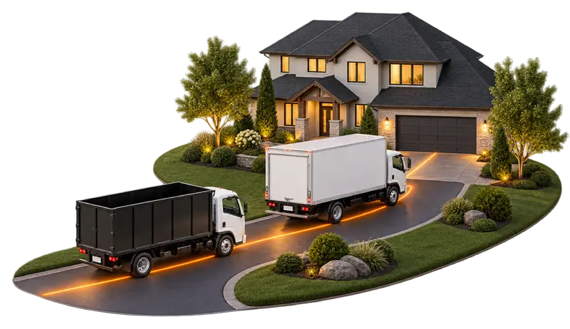 Two trucks arriving at a home along a lit driveway.