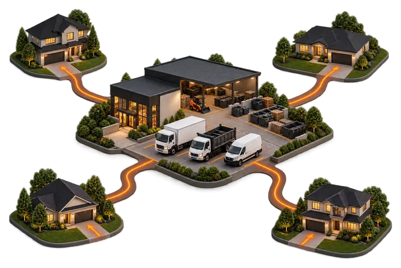 Miniature model of a local hauling company's yard with trucks, connected by glowing routes to four nearby homes.